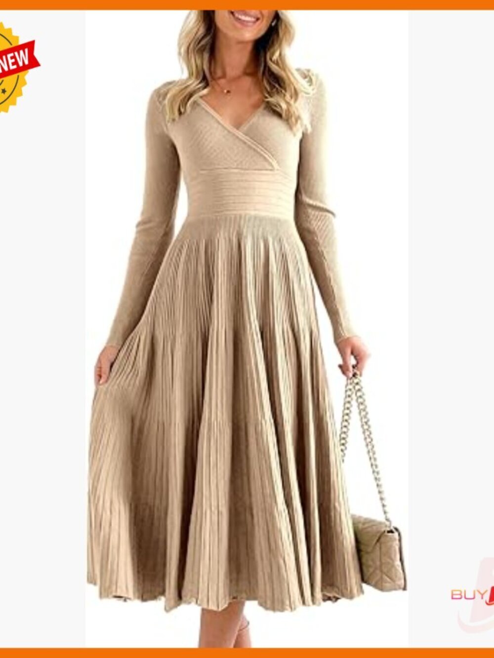 Long Sleeve Midi Sweater Dress Wrap V Neck Pleated A Line Fit Flare